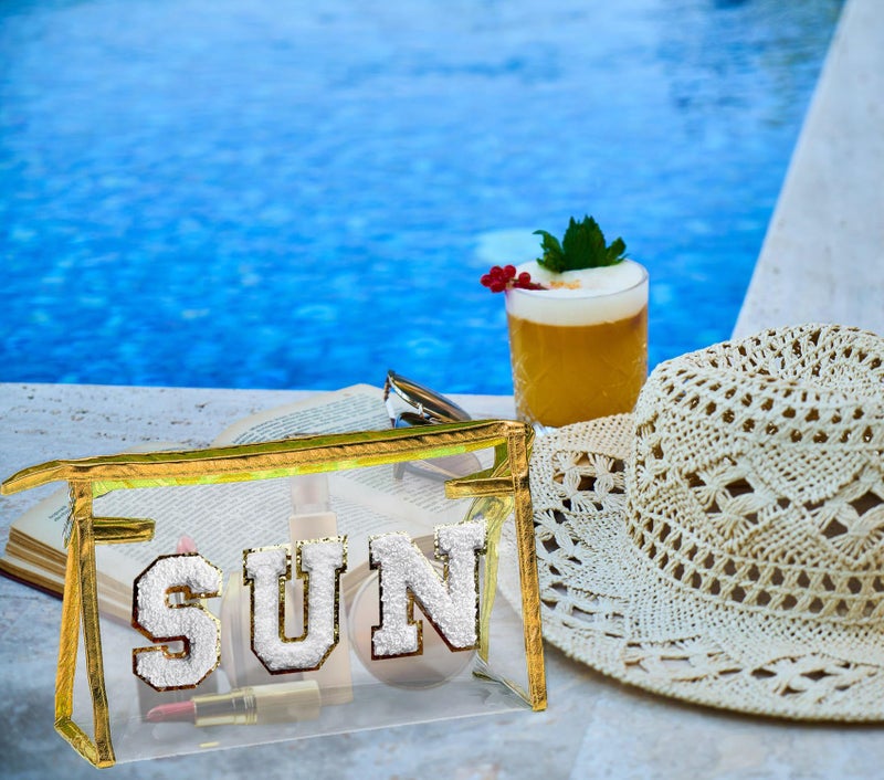 COSHAYSOO Clear Makeup Bag Preppy Sunscreen Zipper Pouch Cosmetic Beach Travel Summer Stuff Small Make Up Purse Organizer for Women Teen Girls with Trendy Cute Chenille Letter Patch Golden SUN - Image 4